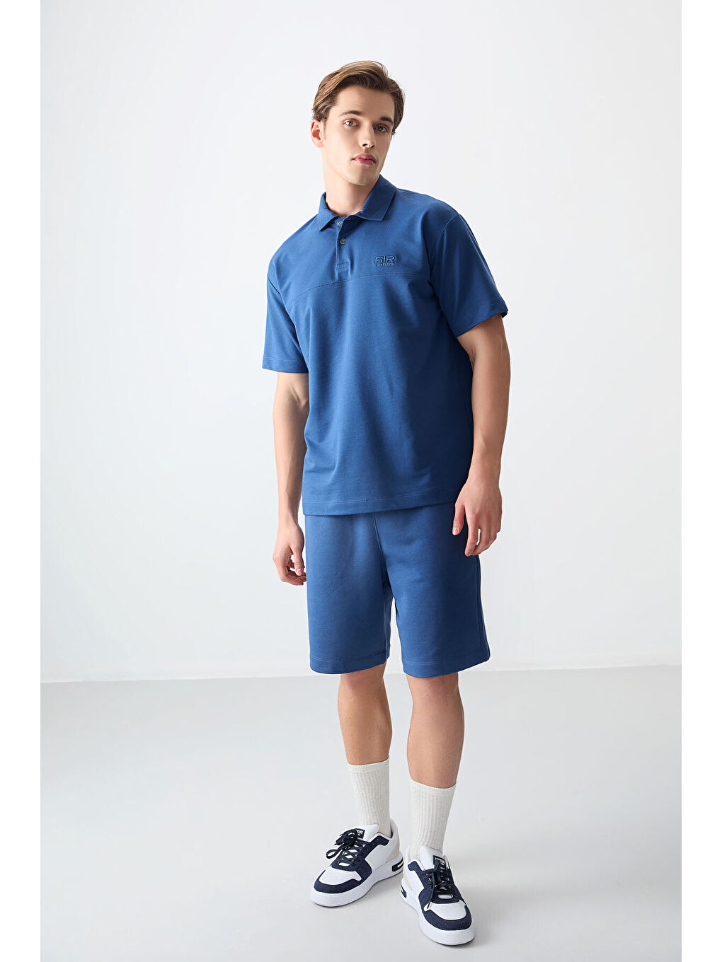 Mavi Pamuklu Kalın Yumuşak Dokulu Polo Yaka Oversize Fit Basic Erkek Tişört- 88382-3