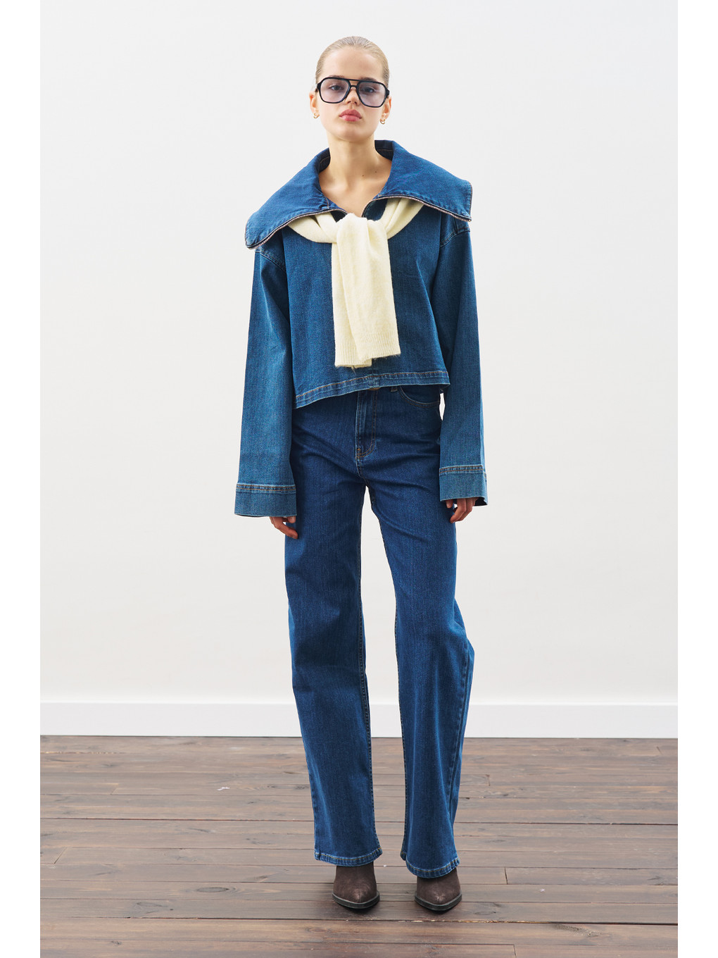 Geniş Yakalı Denim Bluz Koyu Mavi-1