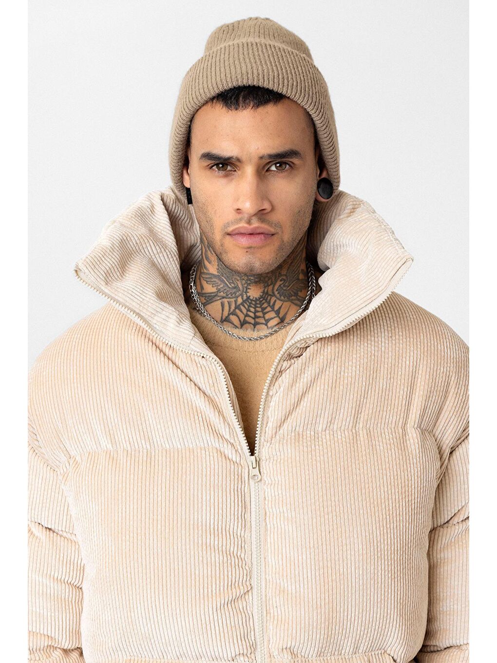 Bej Oversize Kadife Erkek Şişme Mont-2