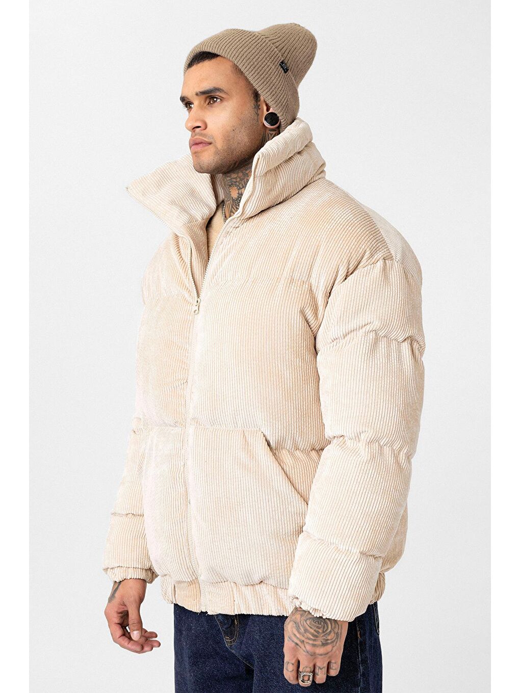 Bej Oversize Kadife Erkek Şişme Mont-3
