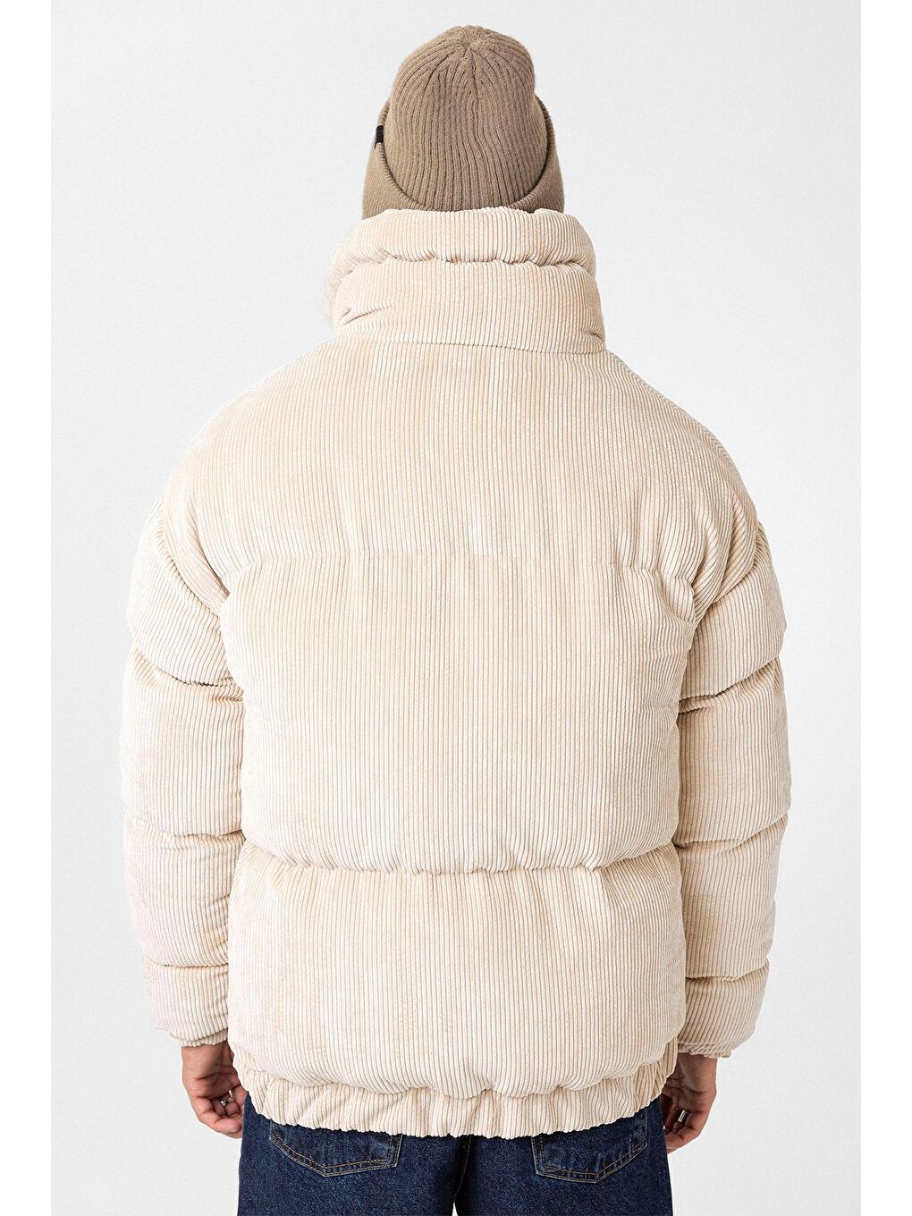 Bej Oversize Kadife Erkek Şişme Mont-4