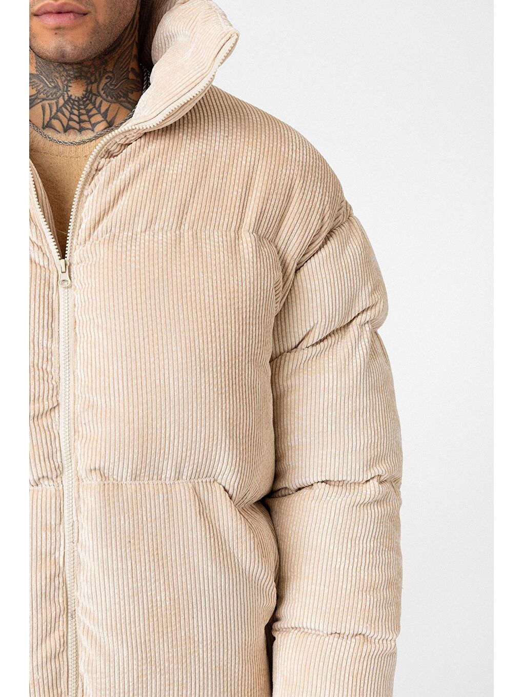 Bej Oversize Kadife Erkek Şişme Mont-5