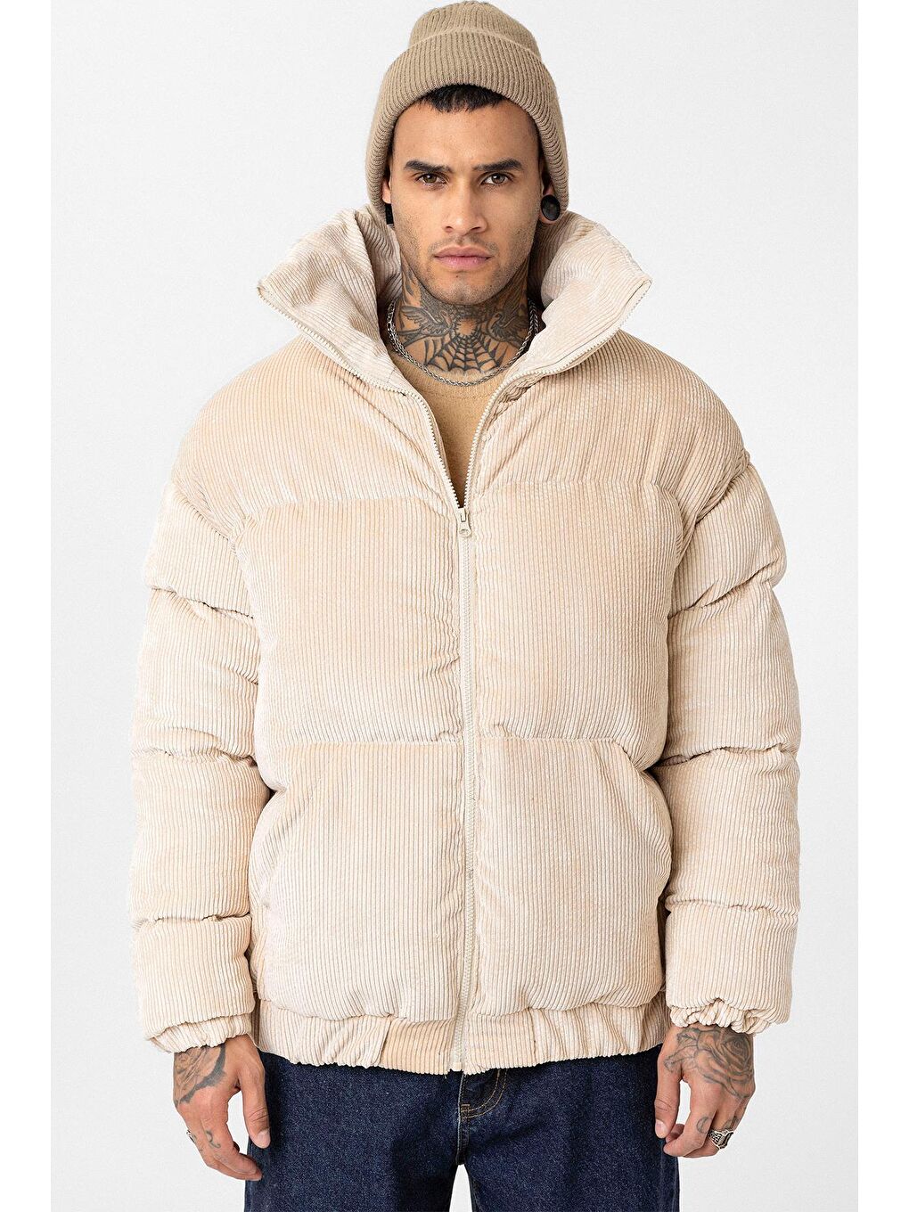 Bej Oversize Kadife Erkek Şişme Mont-6