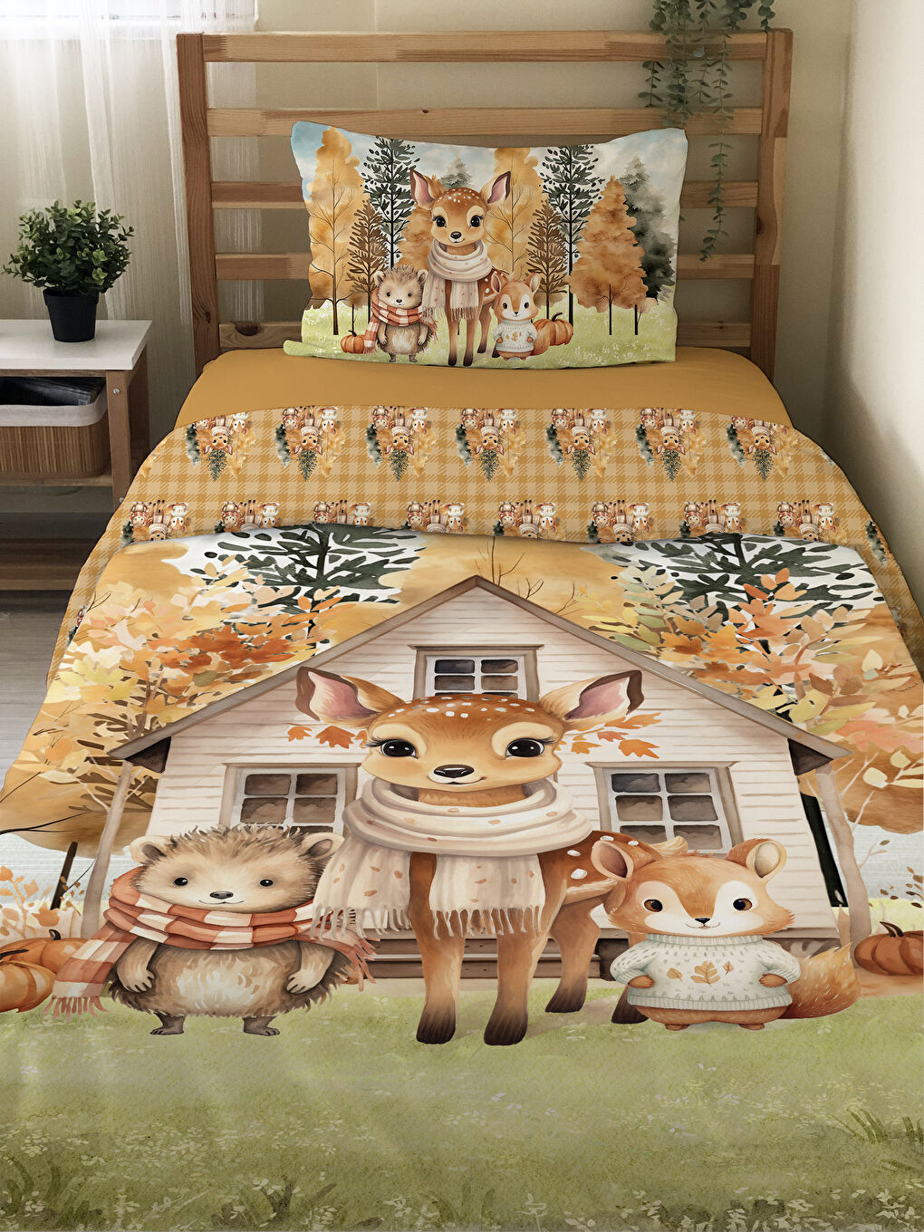 Karışık Sevimli Hayvanlar Desenli Çarşafsız 2 li Takım Baskılı Tek Kişilik Nevresim Takımı 160x220 cm-1