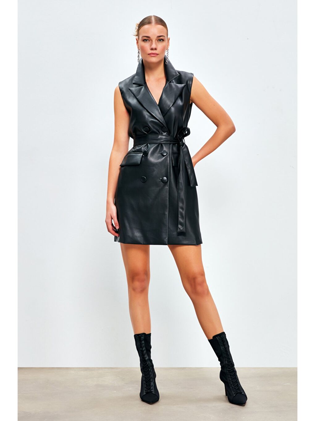 Kuşaklı Deri Yelek Elbise - Siyah