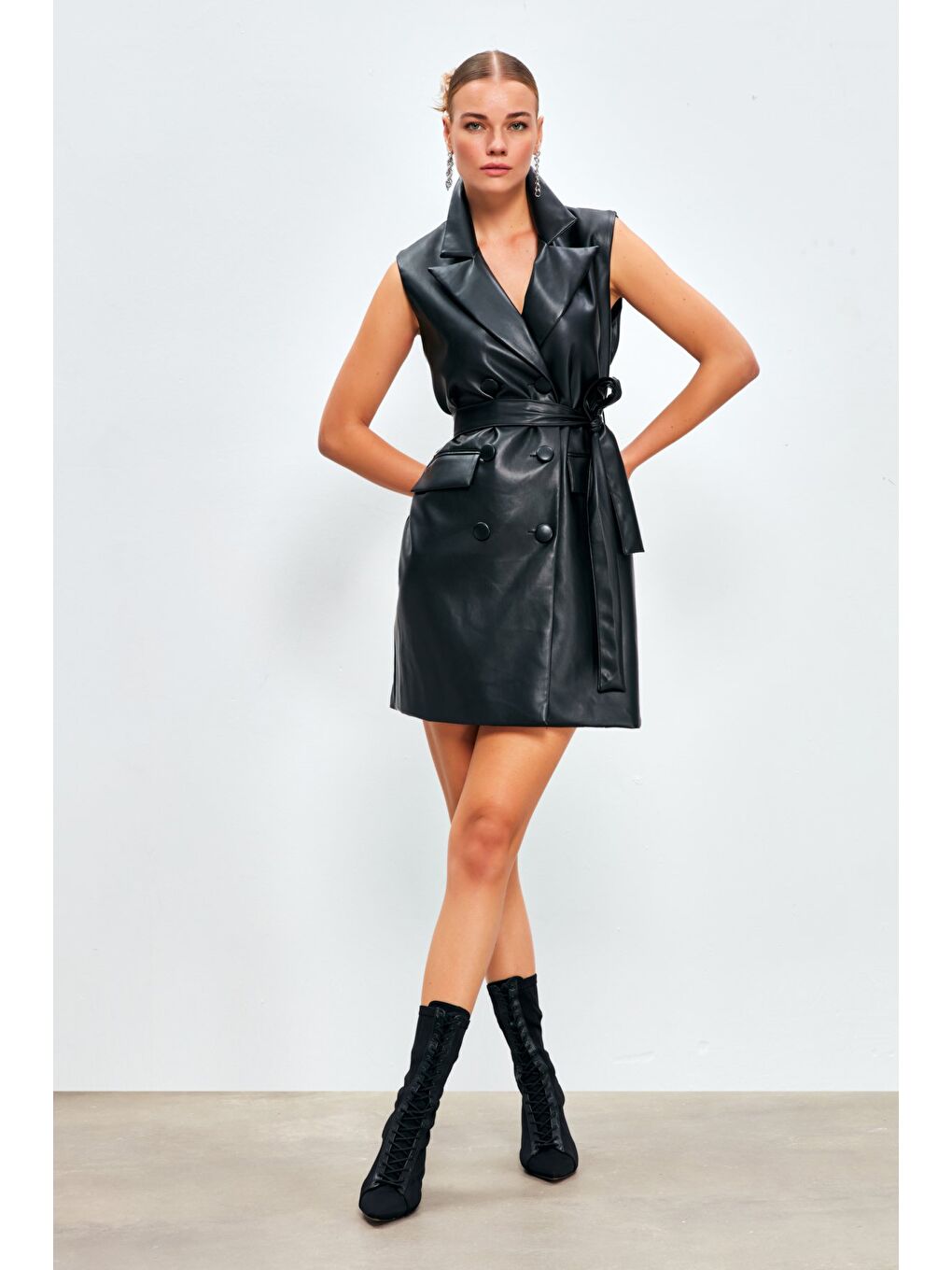 Kuşaklı Deri Yelek Elbise - Siyah-2