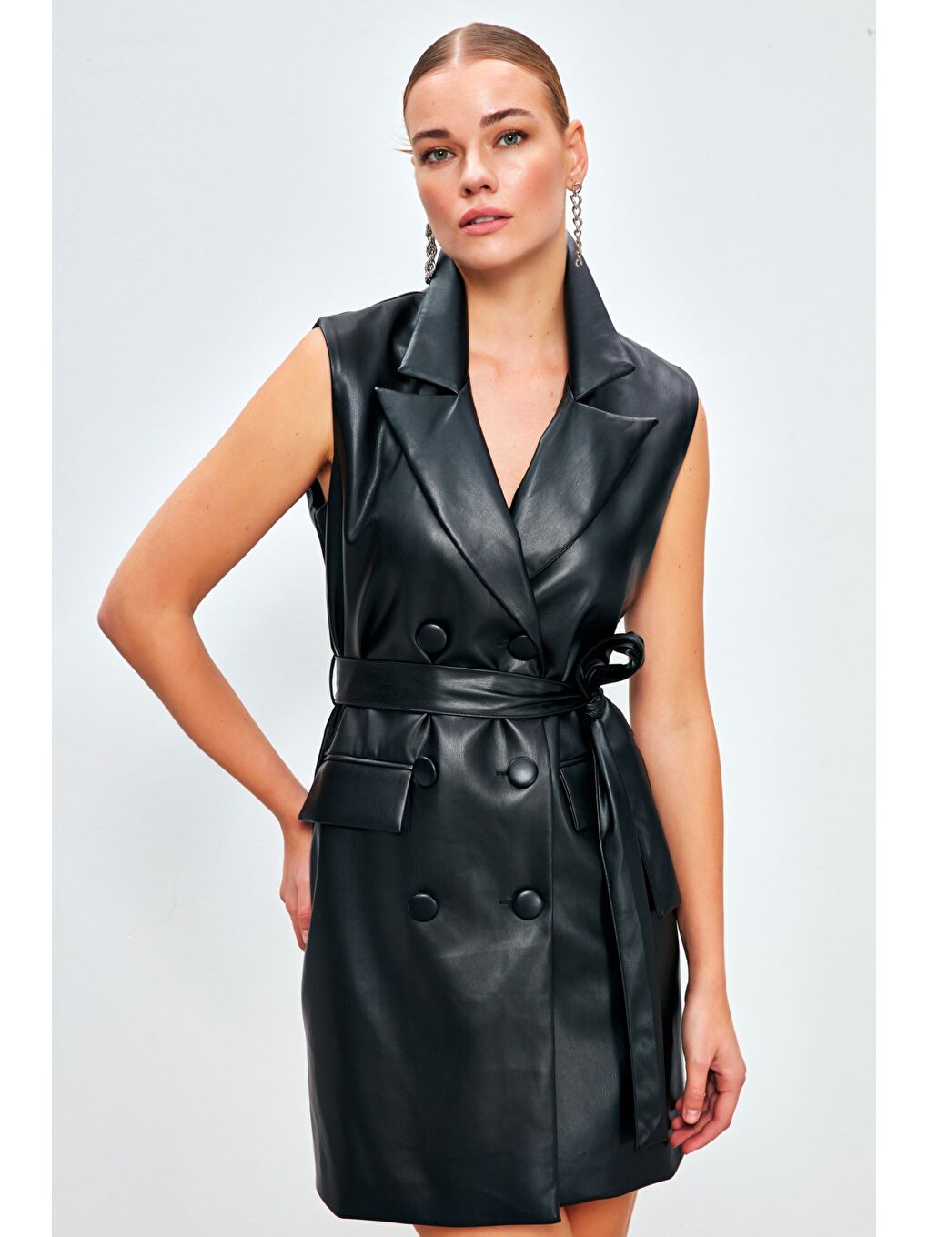 Kuşaklı Deri Yelek Elbise - Siyah-3