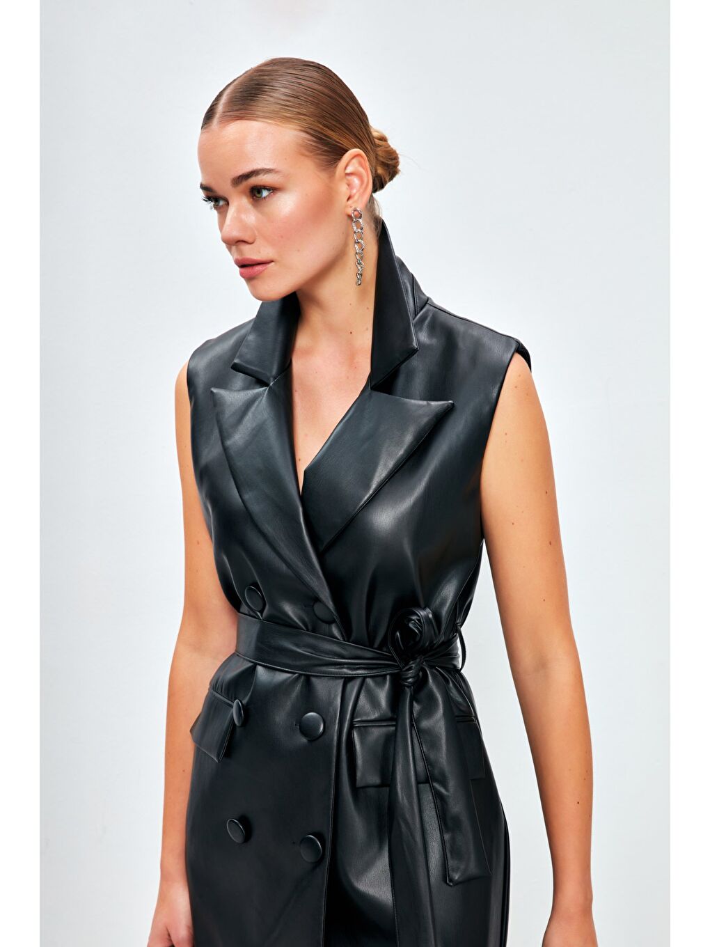 Kuşaklı Deri Yelek Elbise - Siyah-4