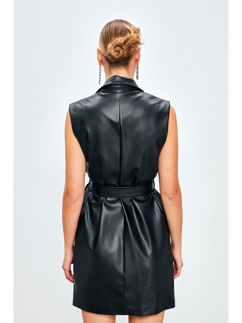 Kuşaklı Deri Yelek Elbise - Siyah-5