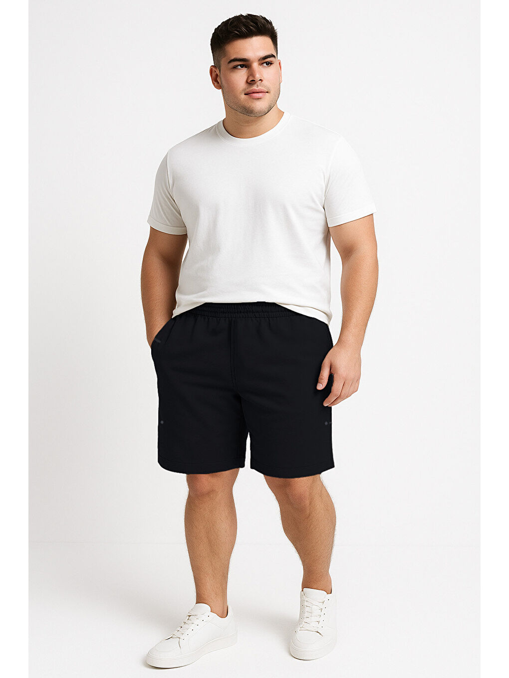 Siyah Rahat Form Bağcıklı Cep Detaylı Battal  Erkek Büyük Beden Şort - 81297
