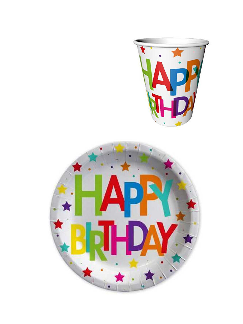 Karışık Çok Renkli Happy Birthday 8'li Karton Bardak Tabak Set