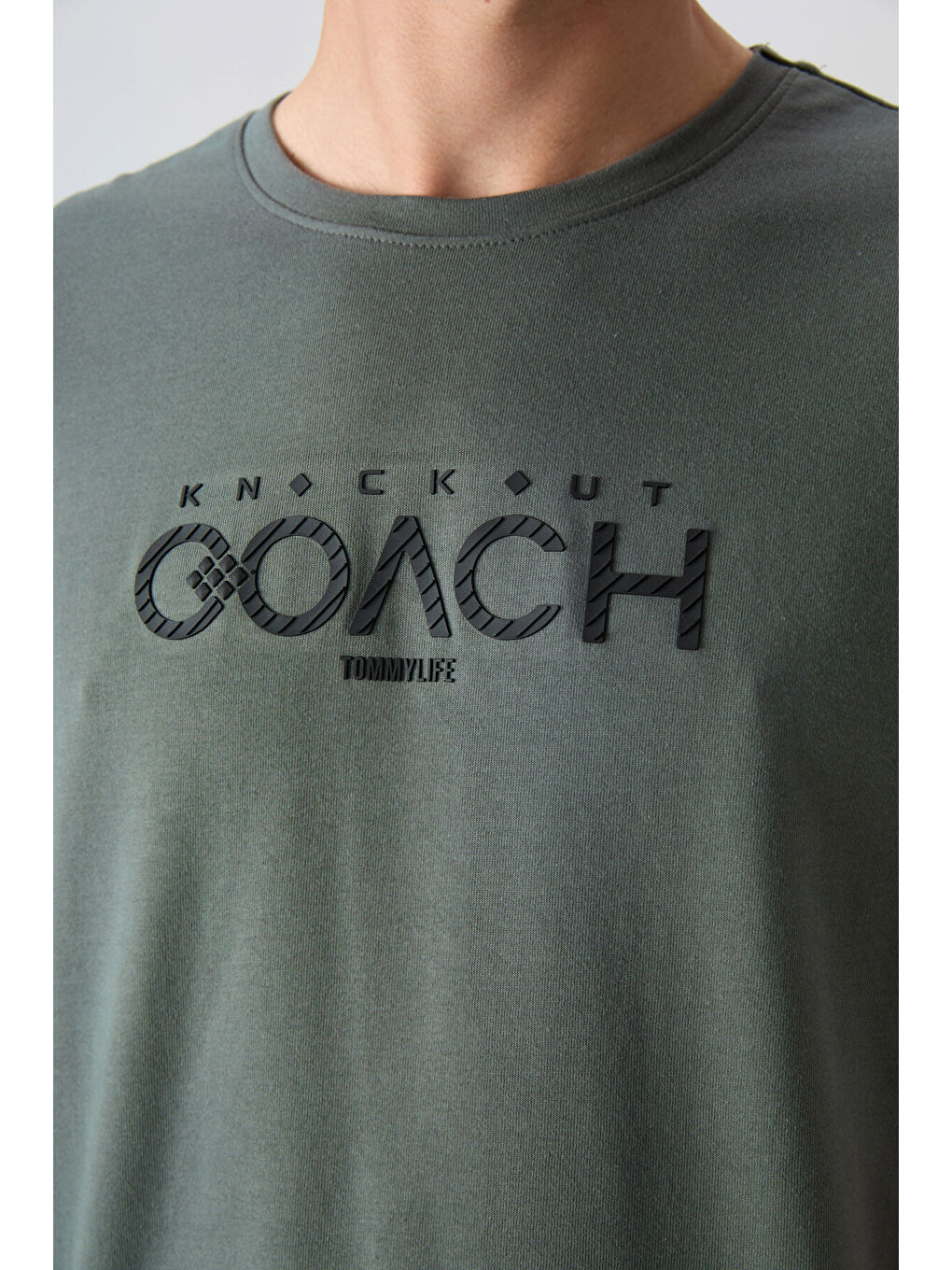 Haki Pamuklu Kalın Yumuşak Dokulu Oversize Fit Baskılı Erkek Tişört - 88329-2