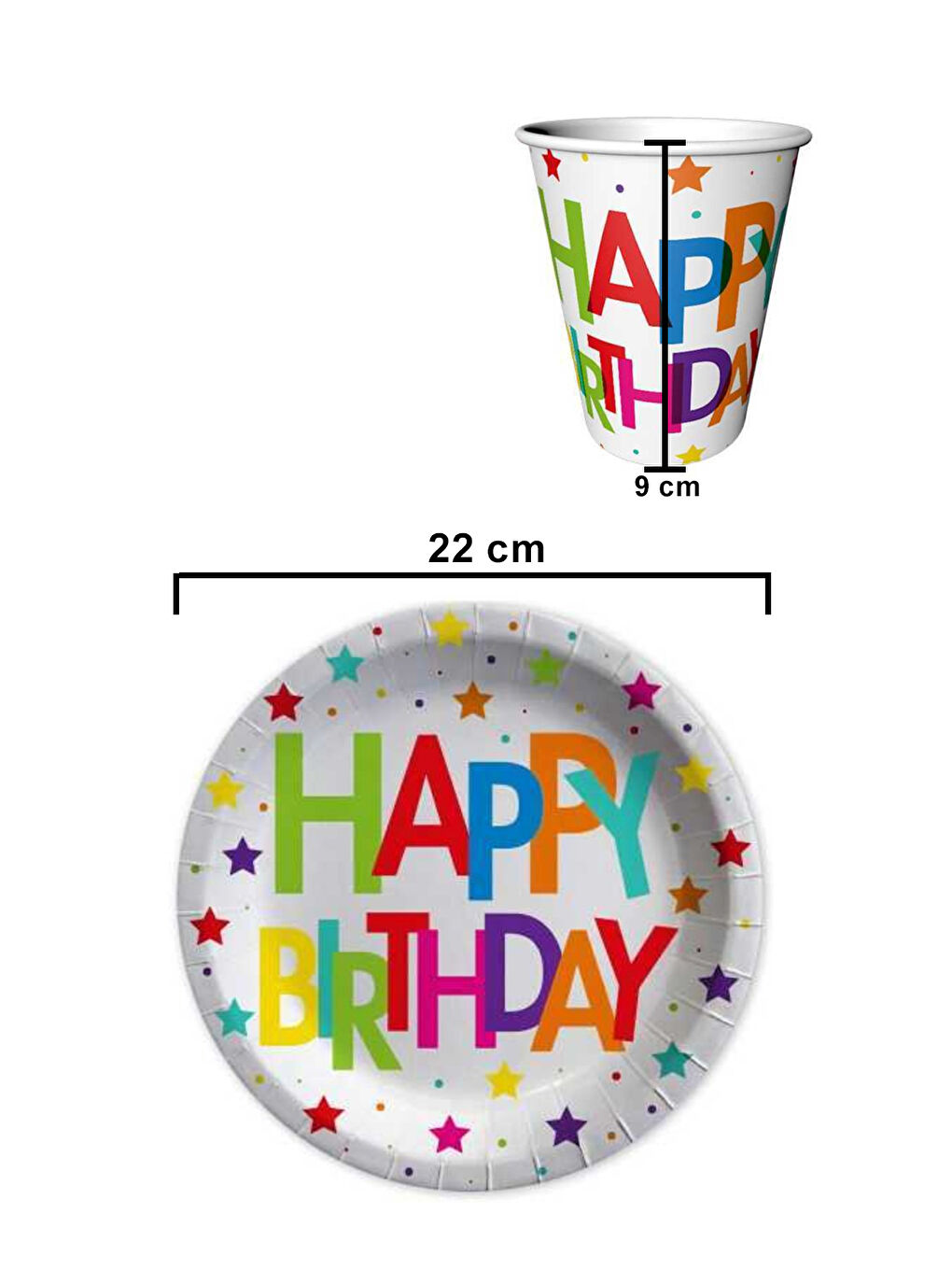 Karışık Çok Renkli Happy Birthday 8'li Karton Bardak Tabak Set-1