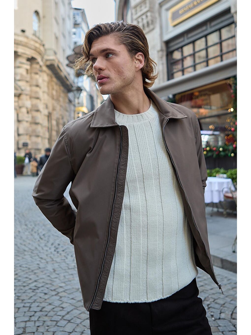 Bej Erkek Su Geçirmez Mevsimlik Vizon Ceket Mont-3