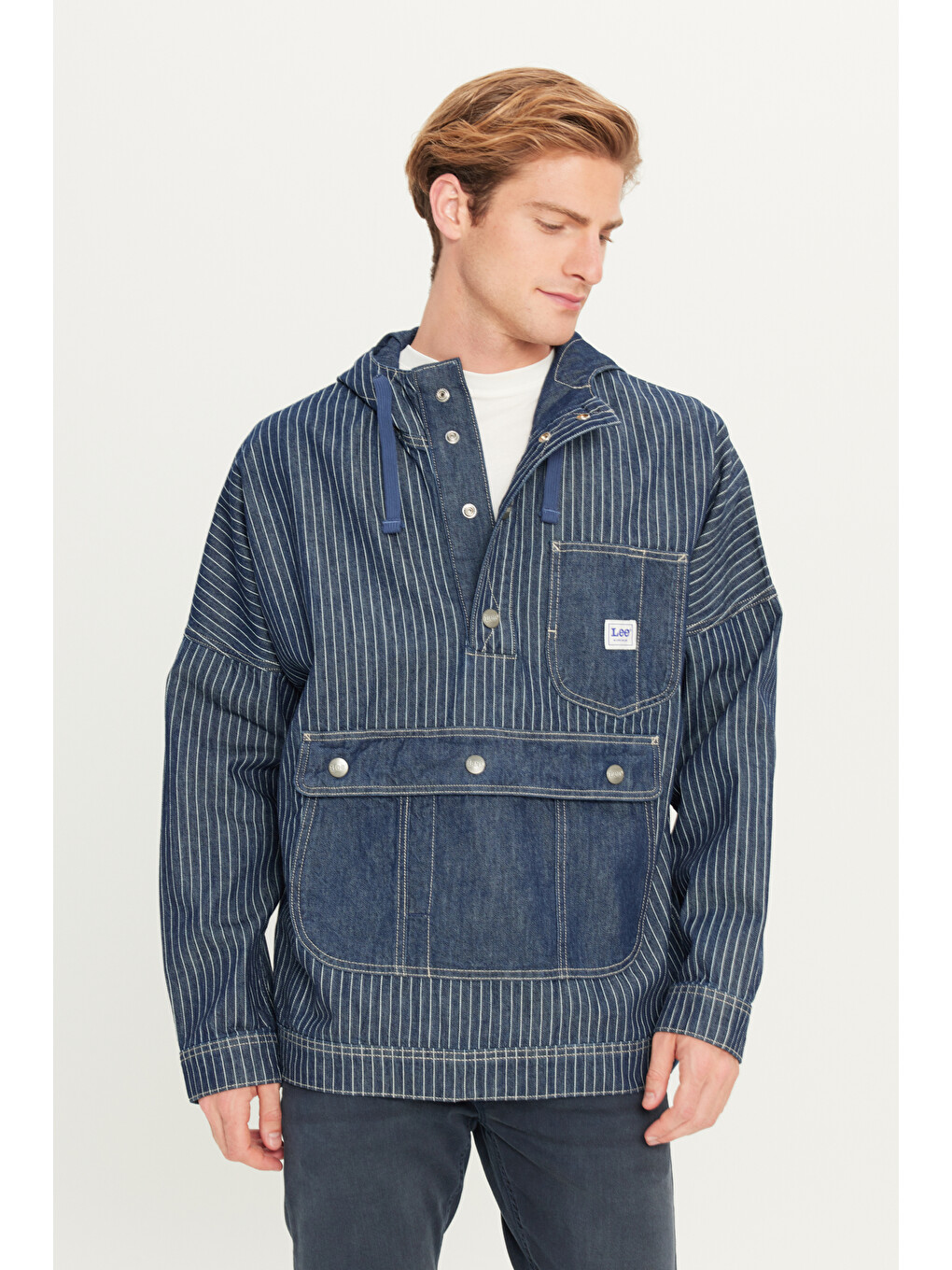 %100 Pamuk Relaxed Fit Kapüşonlu Koyu Mavi Denim Jean Ceket-1
