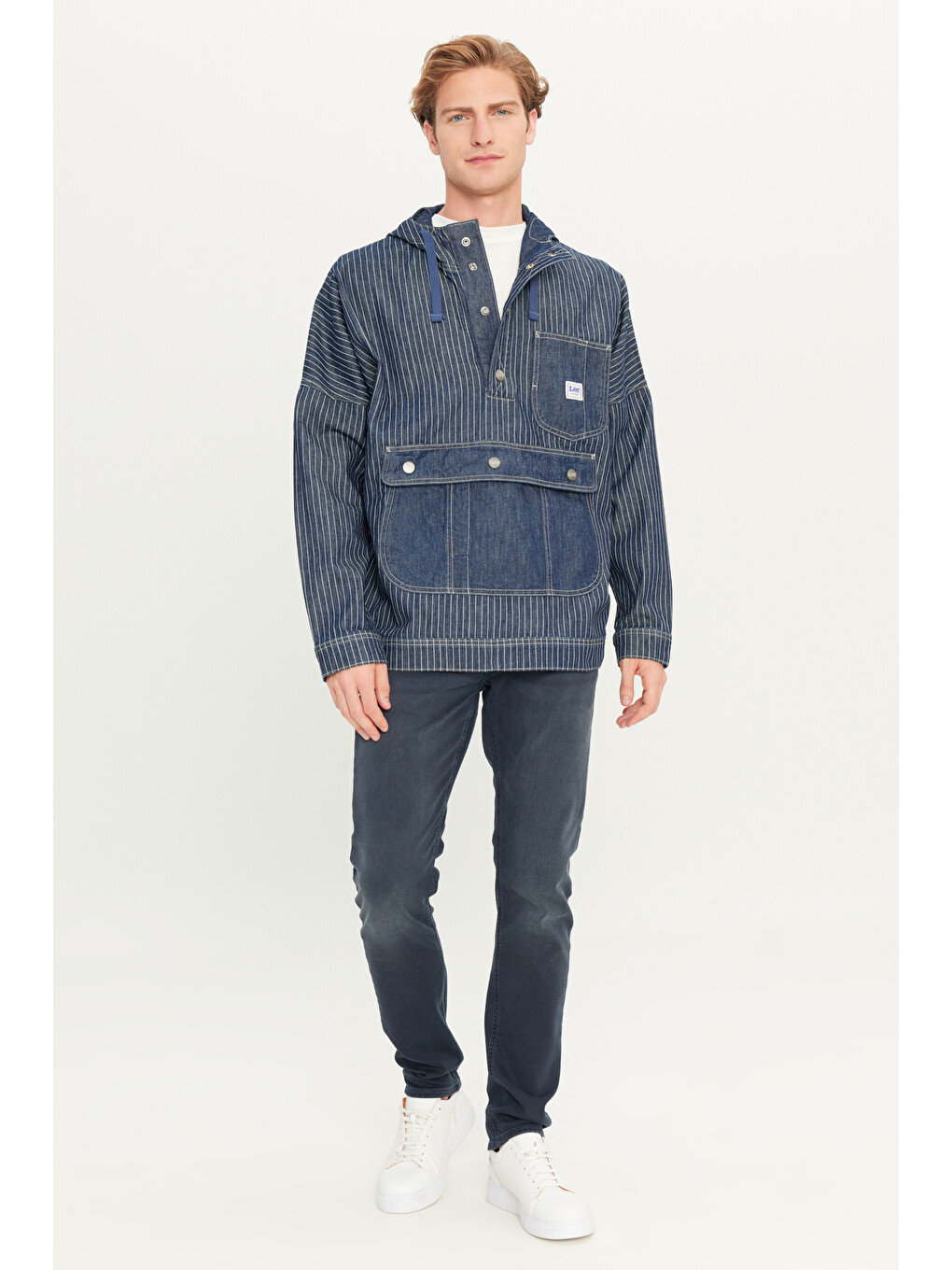 %100 Pamuk Relaxed Fit Kapüşonlu Koyu Mavi Denim Jean Ceket-2