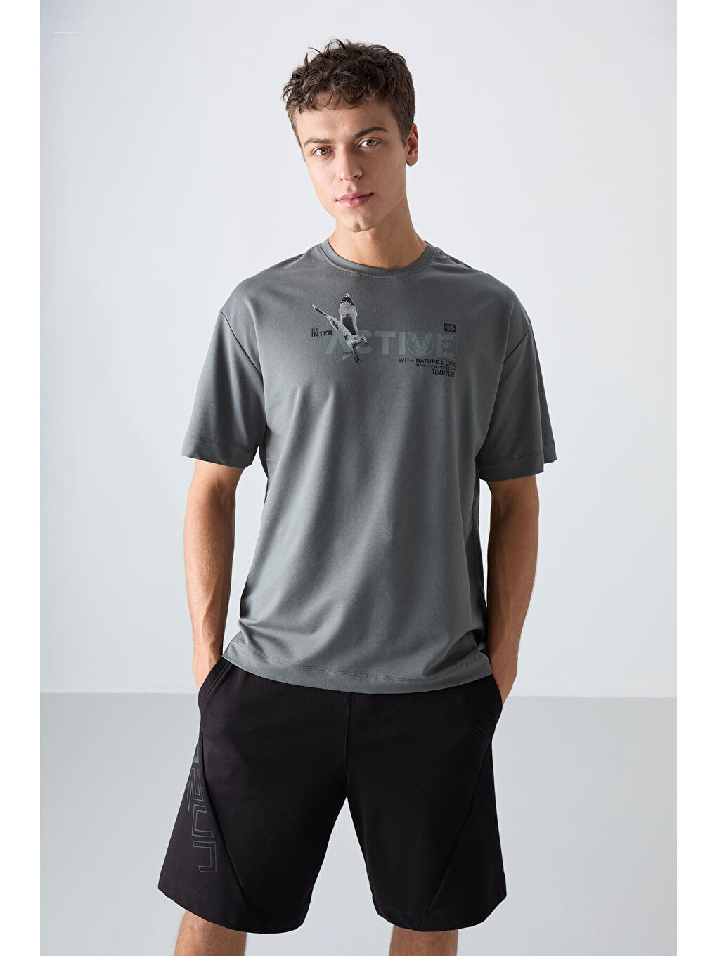 Haki Pamuklu Kalın Yumuşak Dokulu Oversize Fit Baskılı Erkek Tişört - 88344