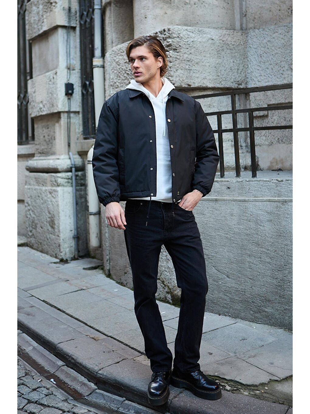 Erkek Oversize Çıt Çıt Kapamalı Siyah Ceket Mont-1