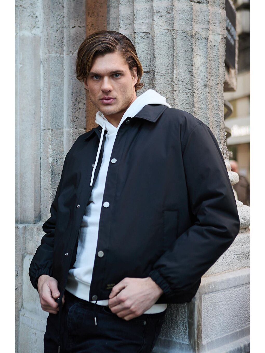 Erkek Oversize Çıt Çıt Kapamalı Siyah Ceket Mont-3