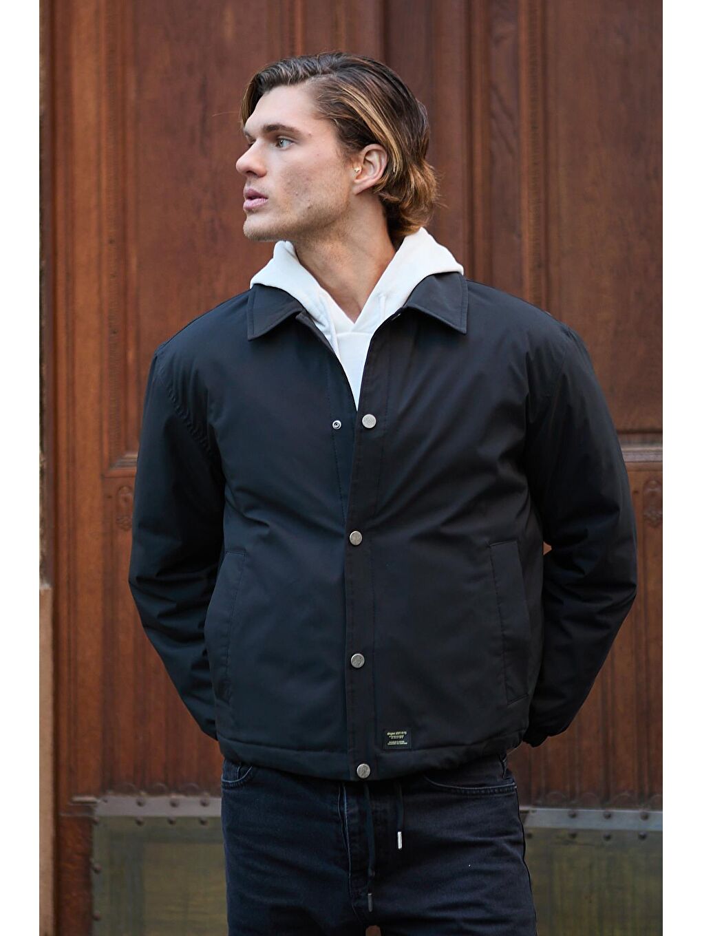 Erkek Oversize Çıt Çıt Kapamalı Siyah Ceket Mont-5