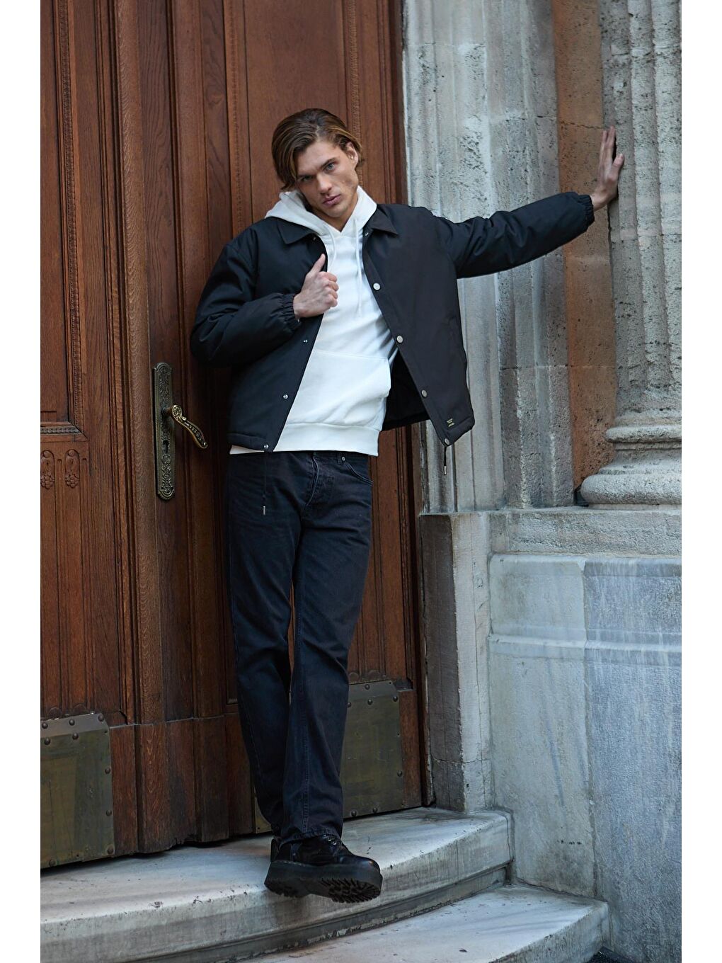 Erkek Oversize Çıt Çıt Kapamalı Siyah Ceket Mont-6