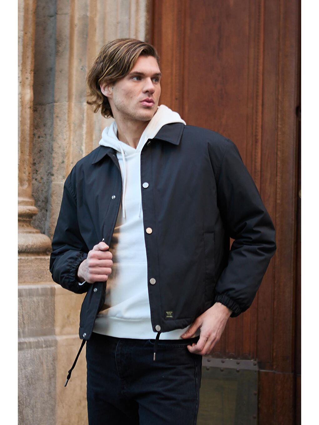 Erkek Oversize Çıt Çıt Kapamalı Siyah Ceket Mont-7