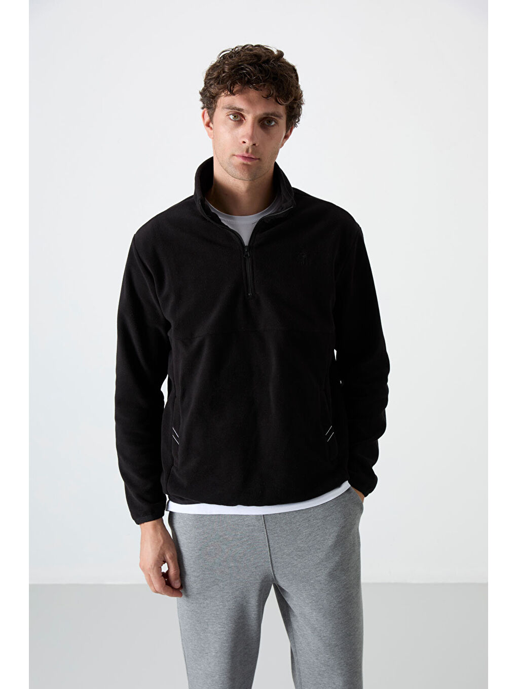 Dik Yaka Yarım Fermuarlı 2li Paket Siyah-Gri Melanj Erkek Polar Sweatshirt - 87891-2