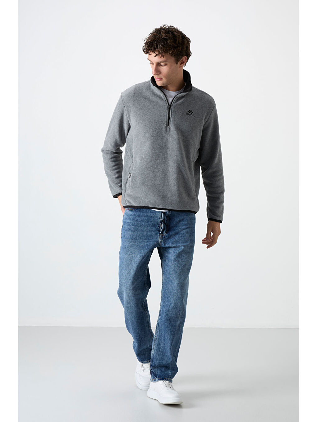 Dik Yaka Yarım Fermuarlı 2li Paket Siyah-Gri Melanj Erkek Polar Sweatshirt - 87891-3