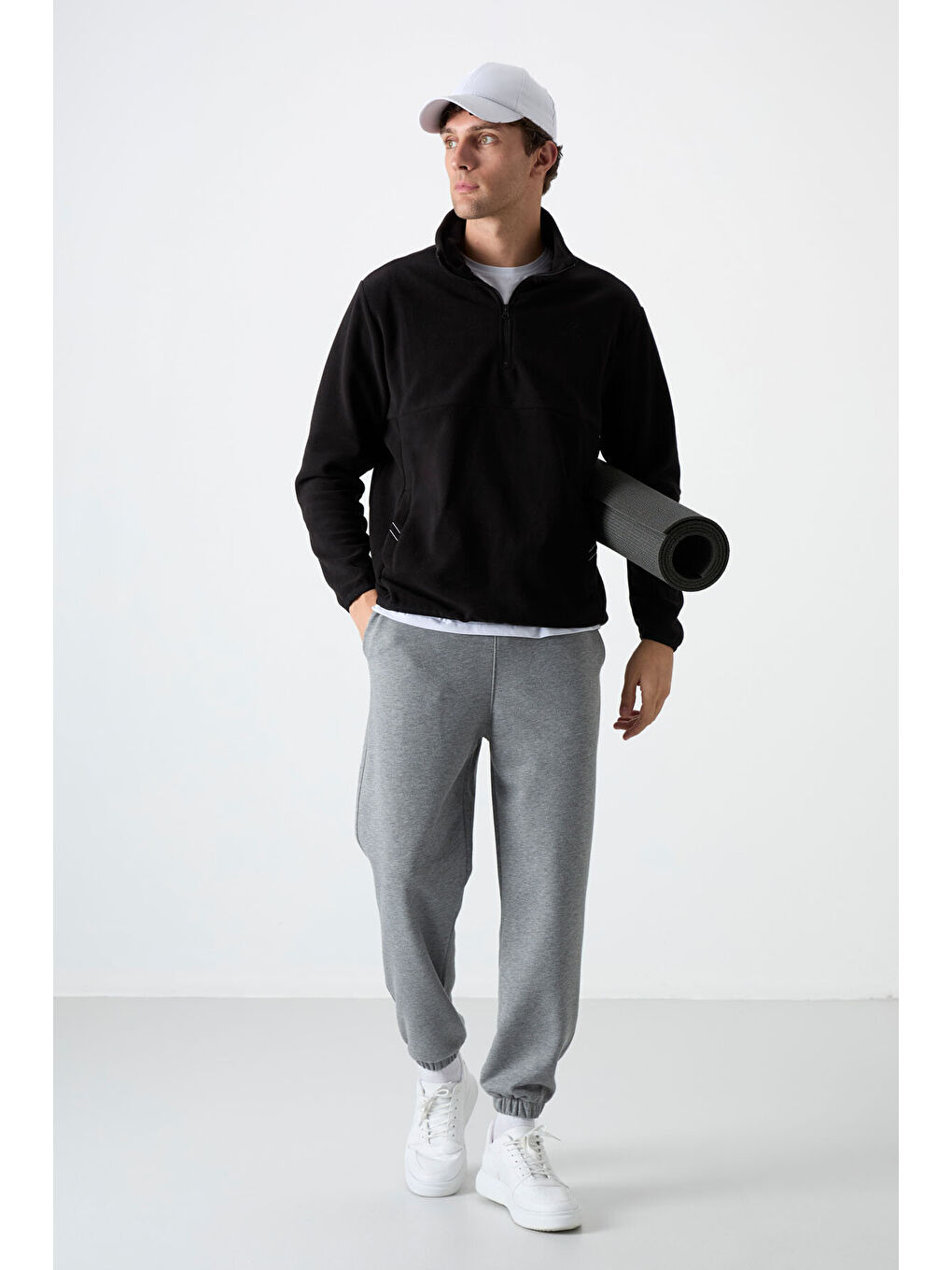 Dik Yaka Yarım Fermuarlı 2li Paket Siyah-Gri Melanj Erkek Polar Sweatshirt - 87891-4