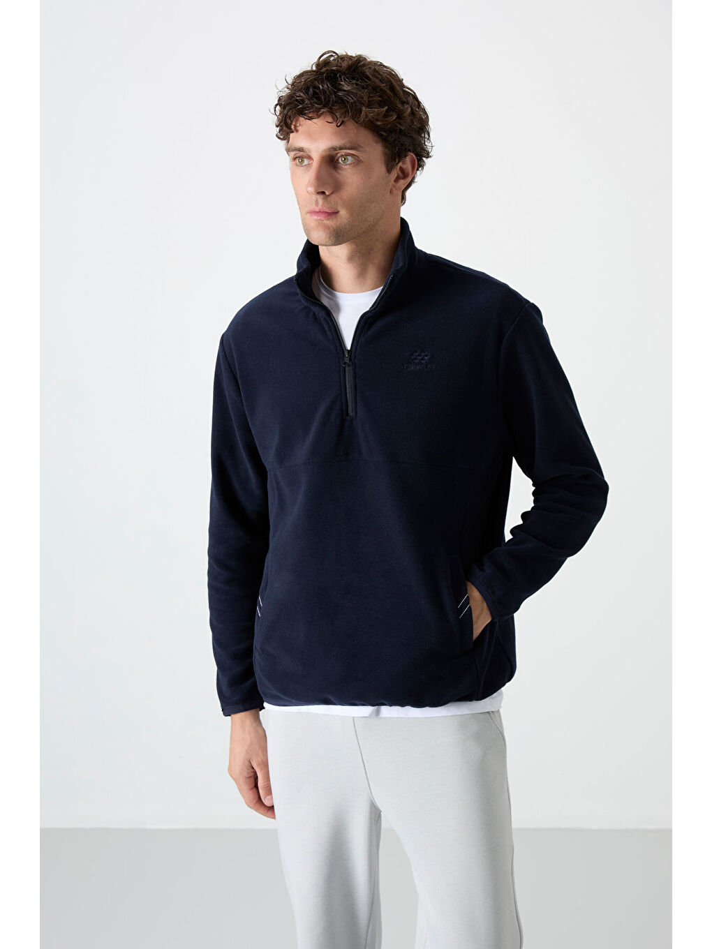 Dik Yaka Yarım Fermuarlı 2li Paket Lacivert-Gri Melanj Erkek Polar Sweatshirt - 87891-3