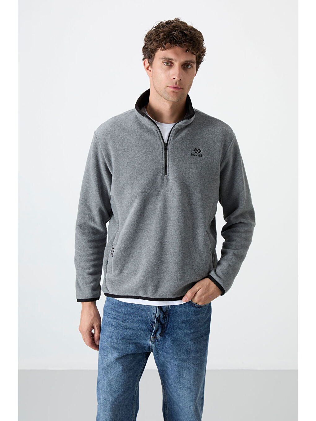 Dik Yaka Yarım Fermuarlı 2li Paket Lacivert-Gri Melanj Erkek Polar Sweatshirt - 87891-4