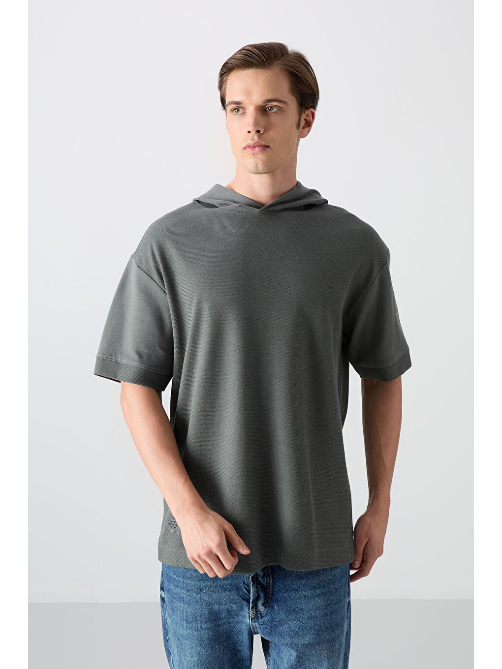 Haki Pamuklu Kalın Yüzeyi Dokulu Oversize Fit Basic Erkek Tişört - 88335