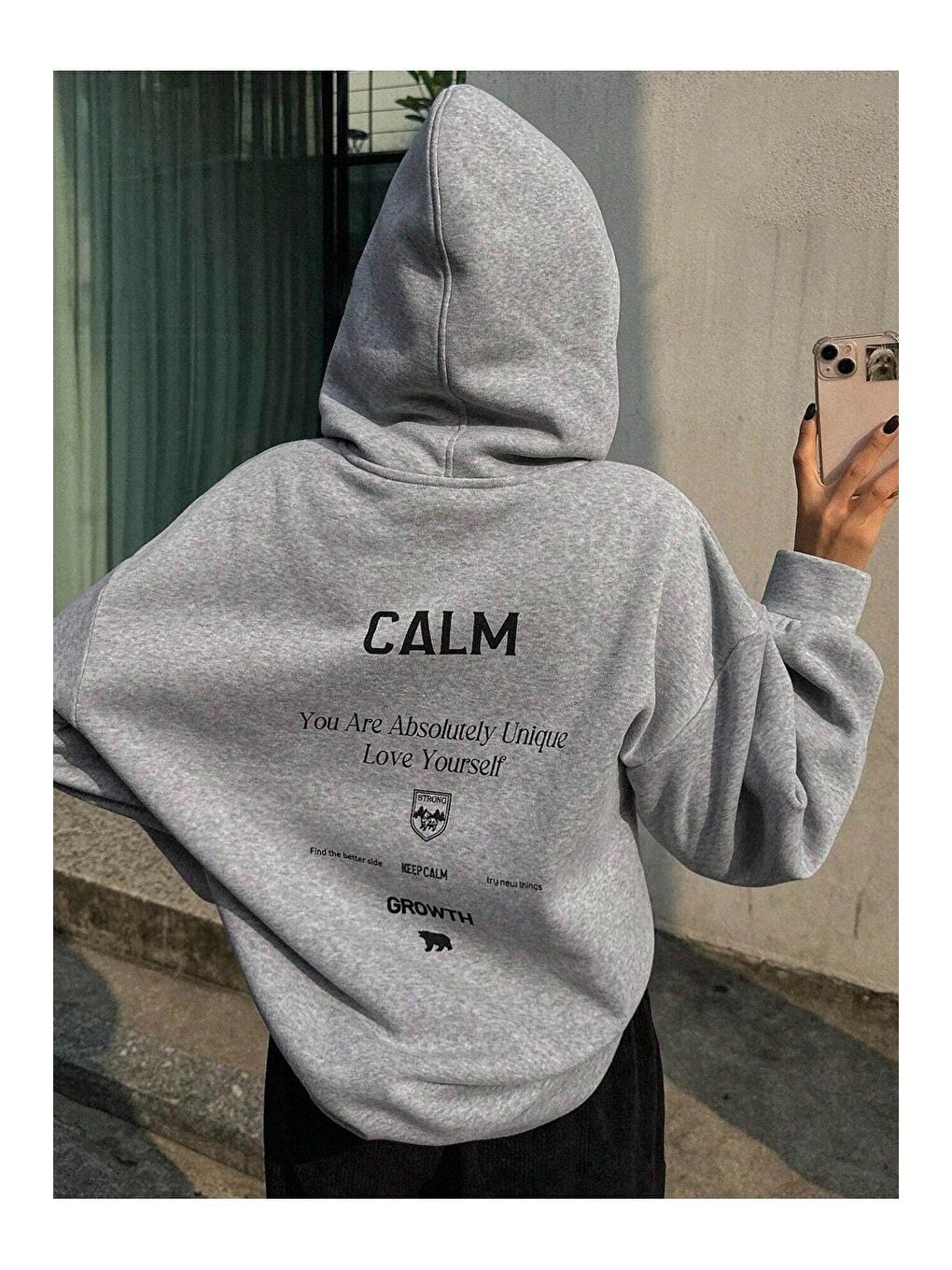 Trendseninle Gri Kadın GRİ Calm Growth Baskılı Oversize Kapüşonlu Sweatshirt