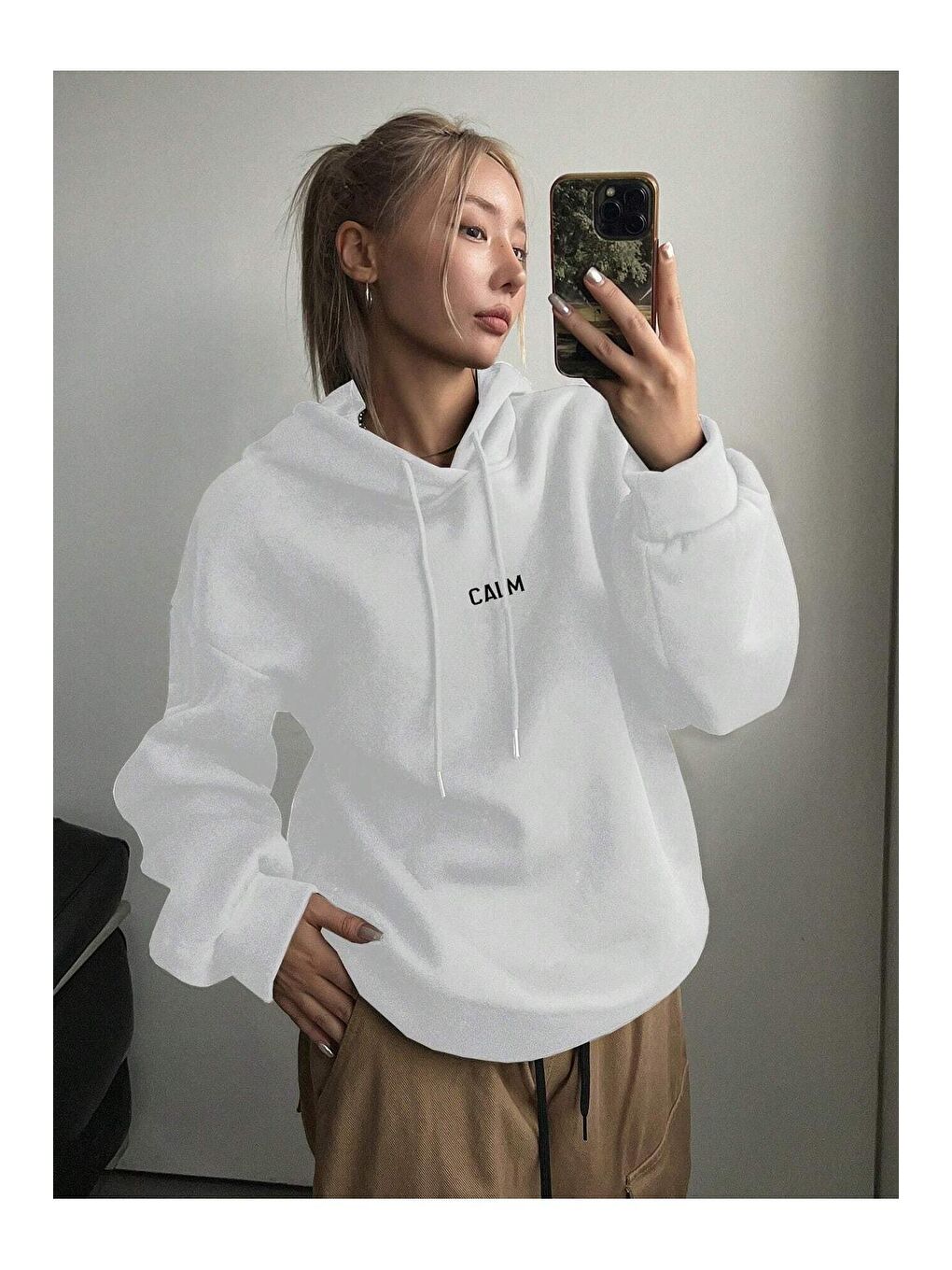 Trendseninle Beyaz Kadın BEYAZ Calm Growth Baskılı Oversize Kapüşonlu Sweatshirt - 1