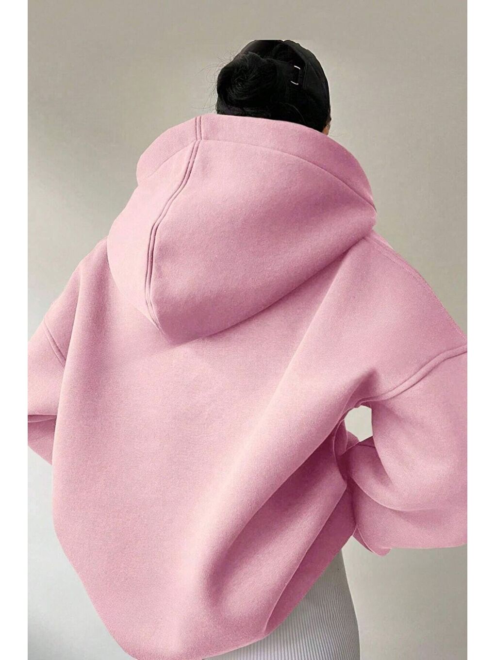Kadın Pembe Relax Yaka Detay Oversize Kapüşonlu Sweatshirt-1