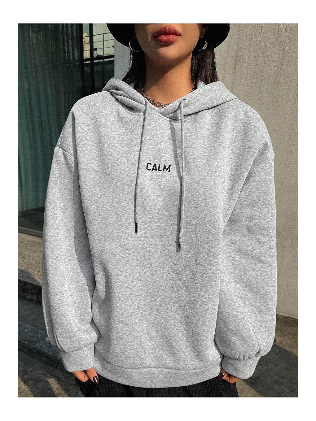 Trendseninle Gri Kadın GRİ Calm Growth Baskılı Oversize Kapüşonlu Sweatshirt - 1