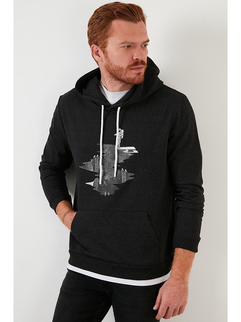 Gri Slim Fit Kapüşonlu Kanguru Cepli İçi Tüylü Şardonlu Sweat 568R704-2