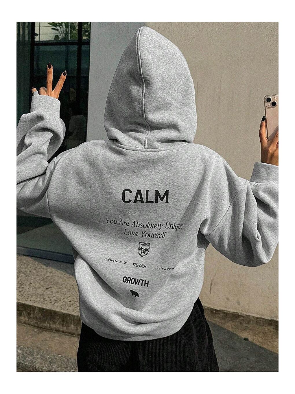 Trendseninle Gri Kadın GRİ Calm Growth Baskılı Oversize Kapüşonlu Sweatshirt - 3