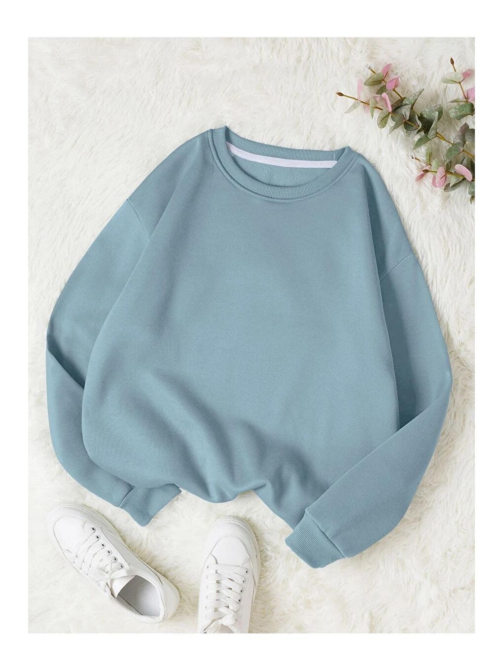 Yeşil Kadın Bebe Mavisi Düz Bisiklet Yaka Sweatshirt