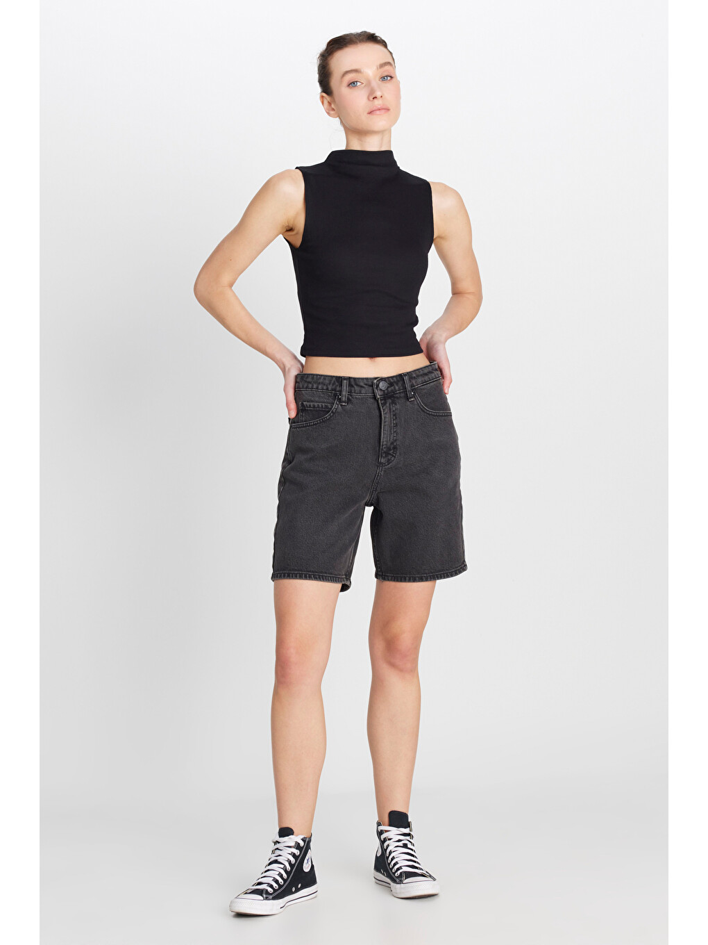 Slim Fit Normal Bel Bermuda Antrasit Jean Şort-1