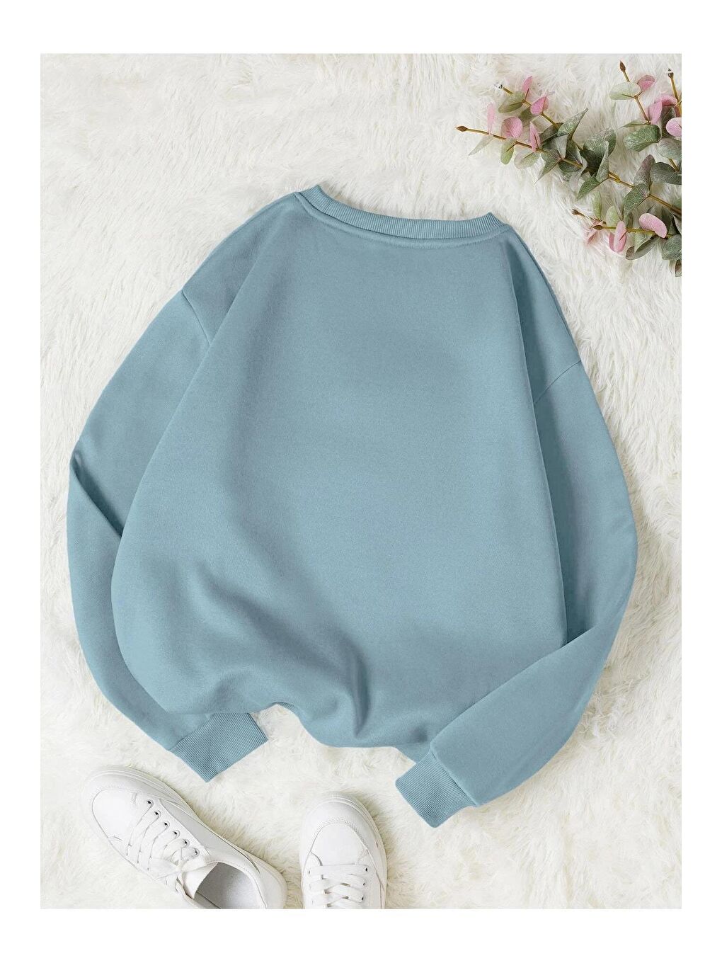 Yeşil Kadın Bebe Mavisi Düz Bisiklet Yaka Sweatshirt-1