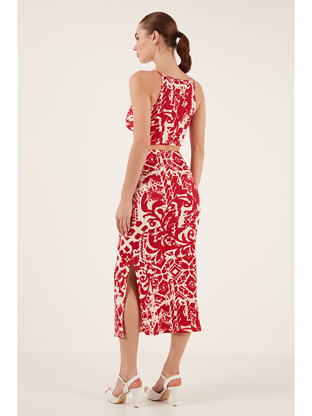 Bordo Slim Fit İp Askılı Yırtmaçlı Midi Alt-Üst Takım 5865726-5