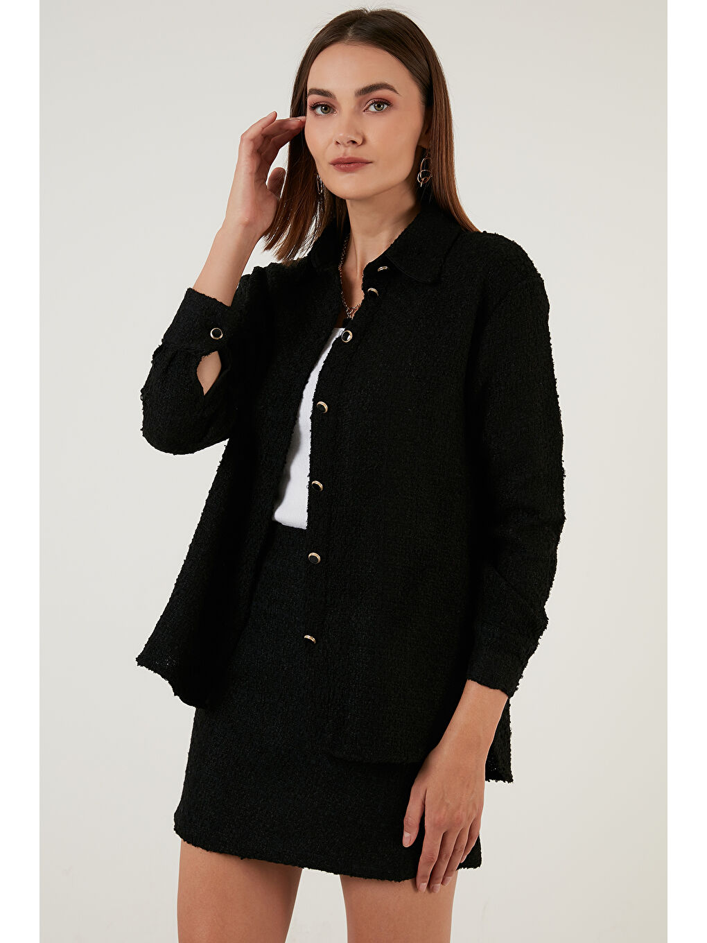 Siyah Pamuklu Oversize Tüvit Gömlek 42190503-6