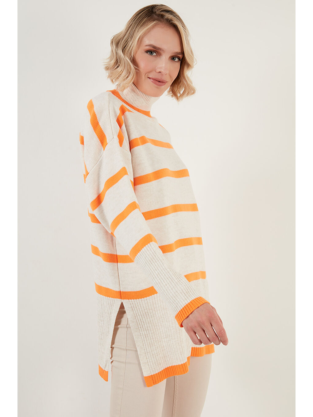 Ekru Çizgili Balıkçı Yaka Uzun Kadın Kazak 6321016-5