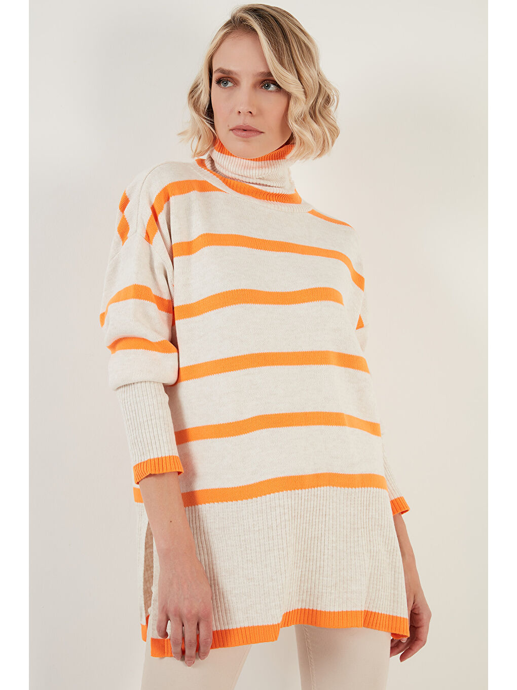 Ekru Çizgili Balıkçı Yaka Uzun Kadın Kazak 6321016-6