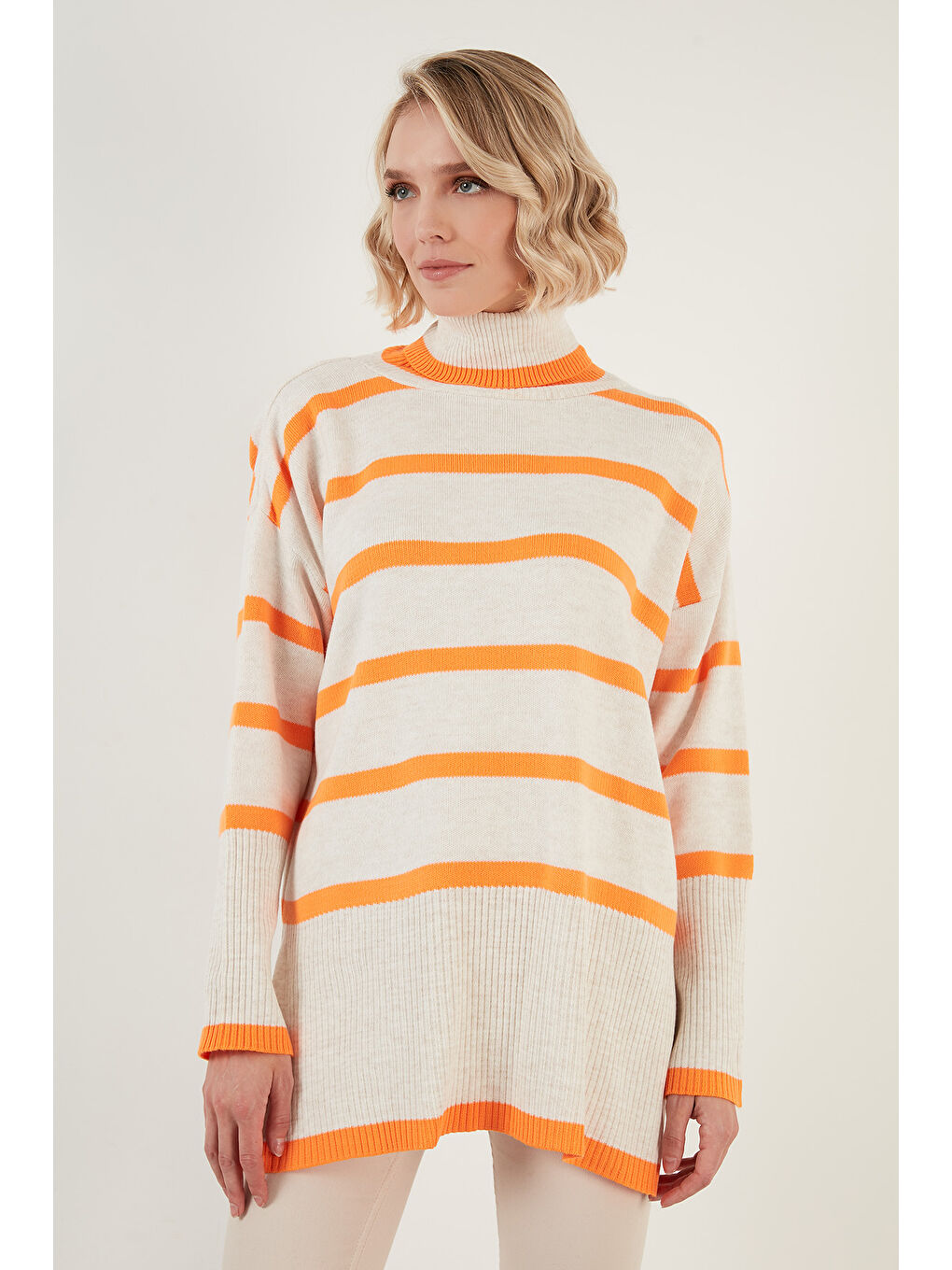 Ekru Çizgili Balıkçı Yaka Uzun Kadın Kazak 6321016-7