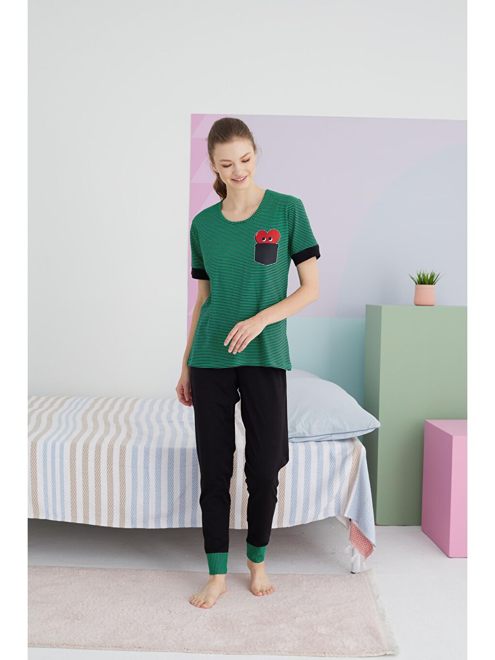 Yeşil Pamuklu Örme Pijama Takım-1