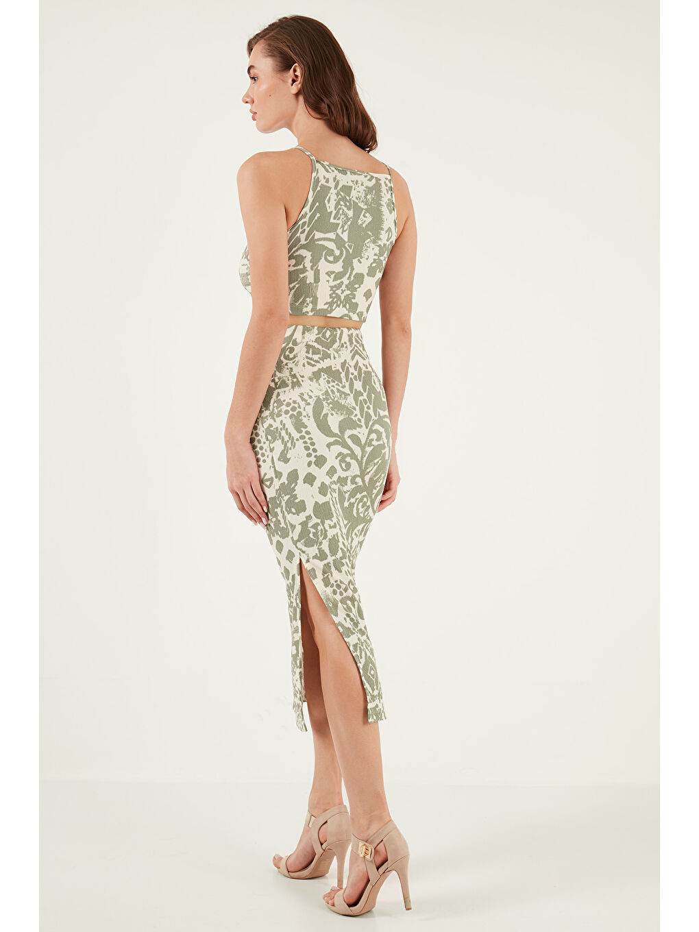 Yeşil Slim Fit İp Askılı Yırtmaçlı Midi Alt-Üst Takım 5865726-6