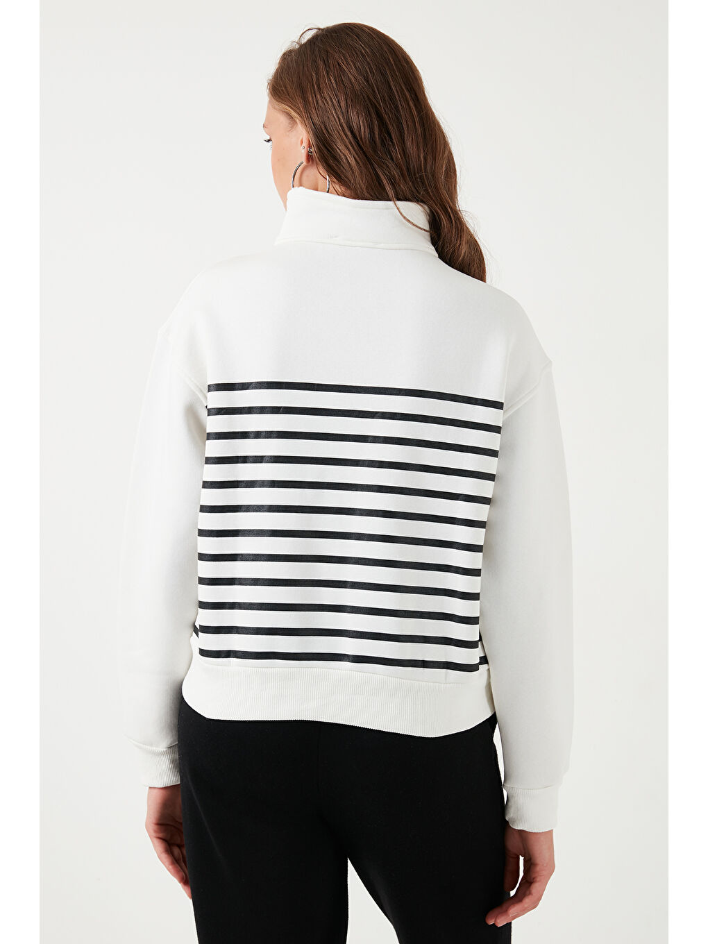 Ekru Streç Oversize Fit Yarım Fermuarlı Dik Yaka Kadın Sweat 5865883-6