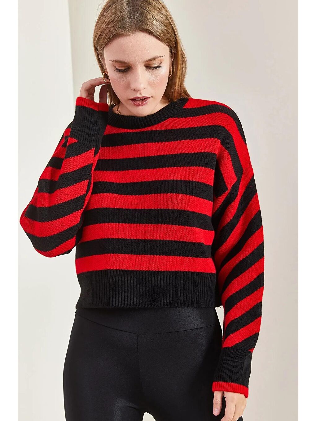 Siyah Kadın Çizgili Triko Kazak